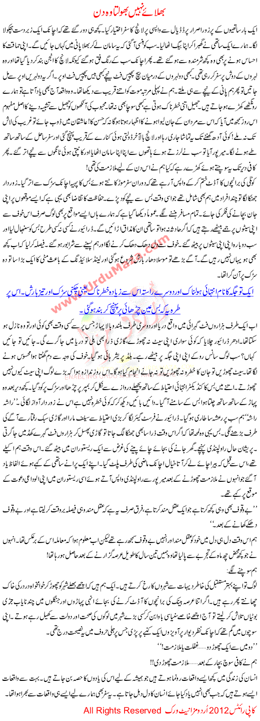 Urdu Kahani Bhulaye Nahi Bholta Wo Din